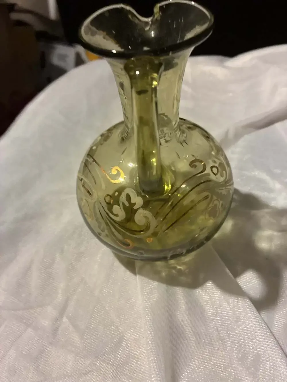 Vintage Hand-Blown Bohemian Olive Green Glass Ewer Pitcher with Gold and White E